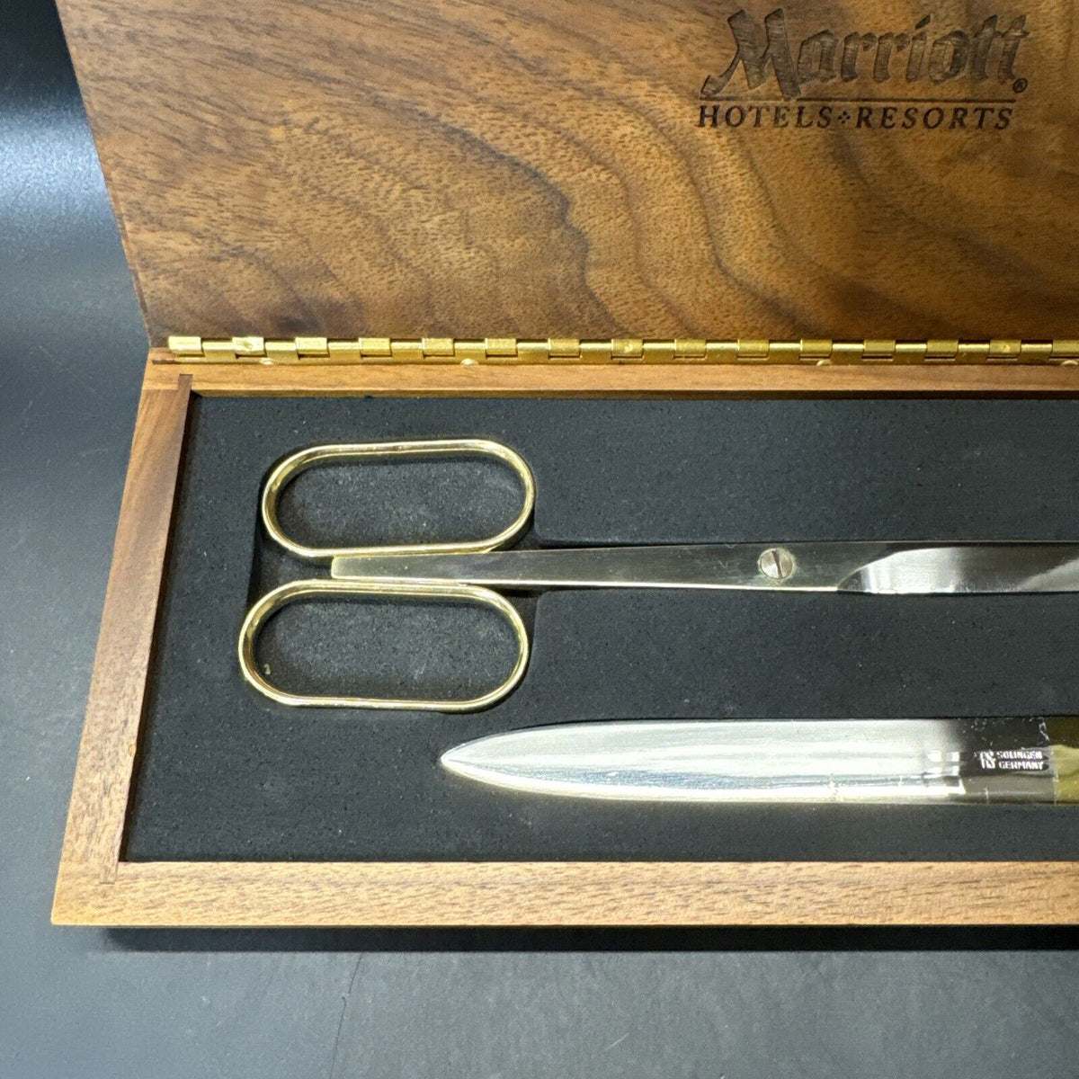 Desk Set Scissors and Letter Opener Walnut Box Solingen Germany