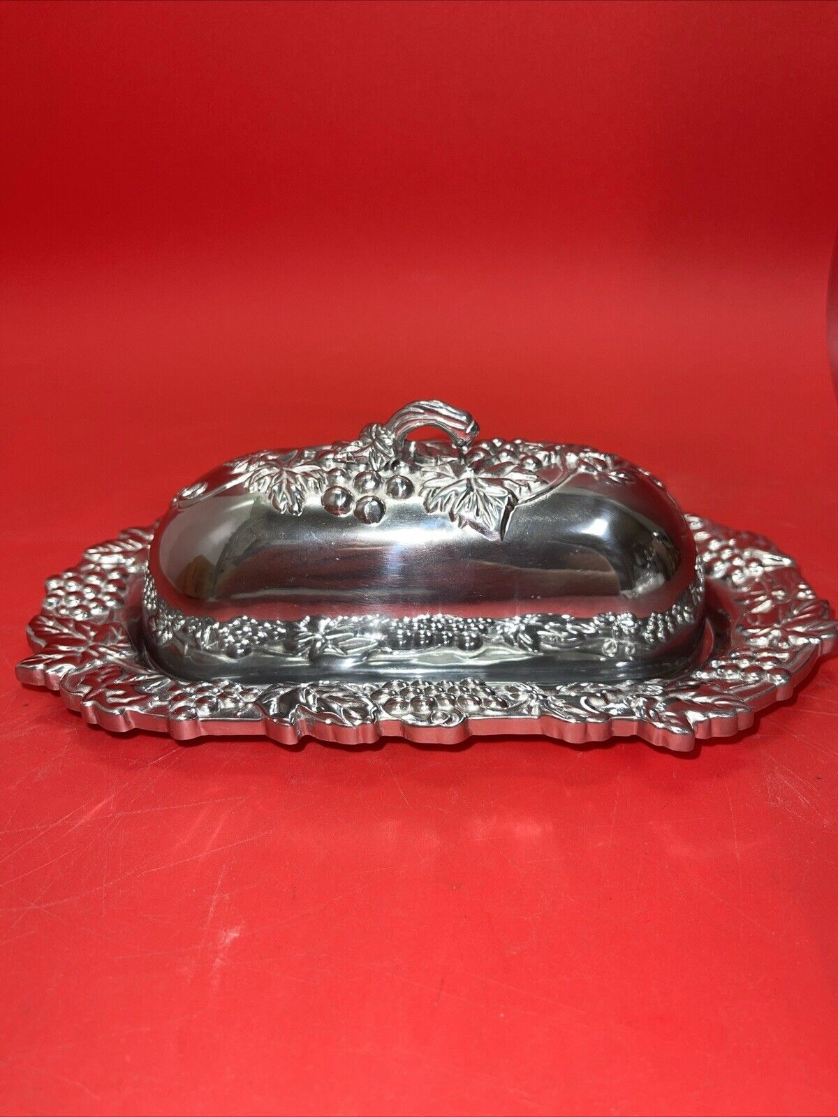 Lenox Butter Dish Grape Weave Single Stick Metal Serveware Silver Color Embossed