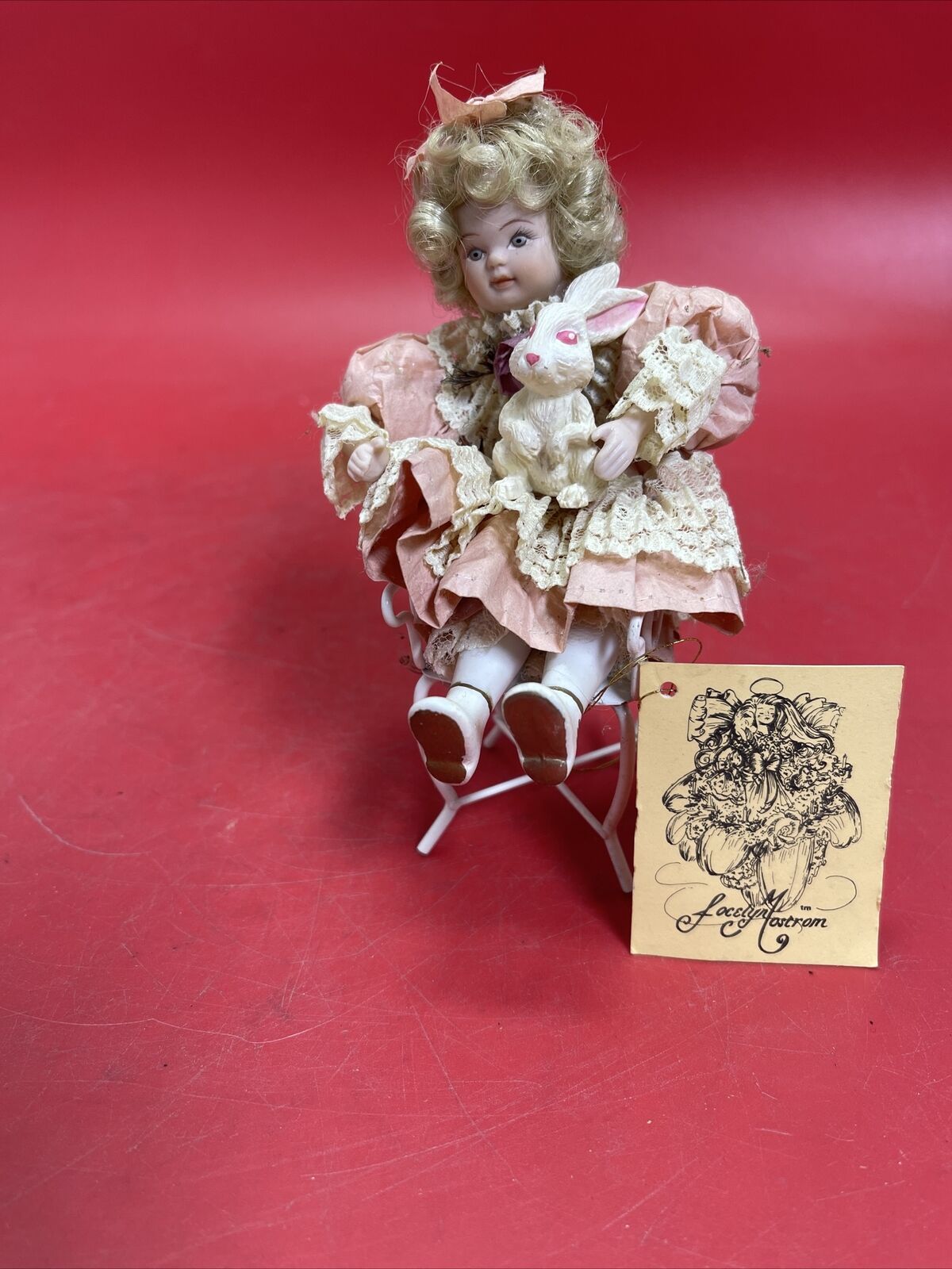 Porcelain Doll in Floral Dress with Curly Hair and Bunny Rabbit 1990s Vintage