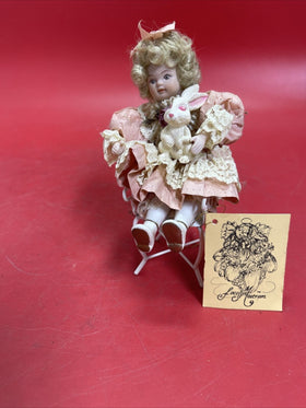 Porcelain Doll in Floral Dress with Curly Hair and Bunny Rabbit 1990s Vintage