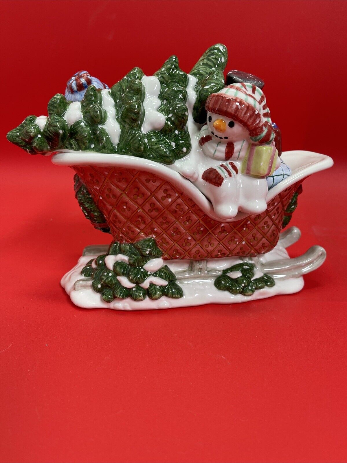 Fitz & Floyd Christmas The Flurries Snowmen in Sleigh Lidded Bowl Dish