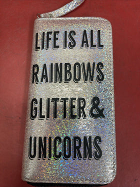 NWT Claire’s Life is Rainbows Glitter & Unicorns Silver Iridescent Wallet 
