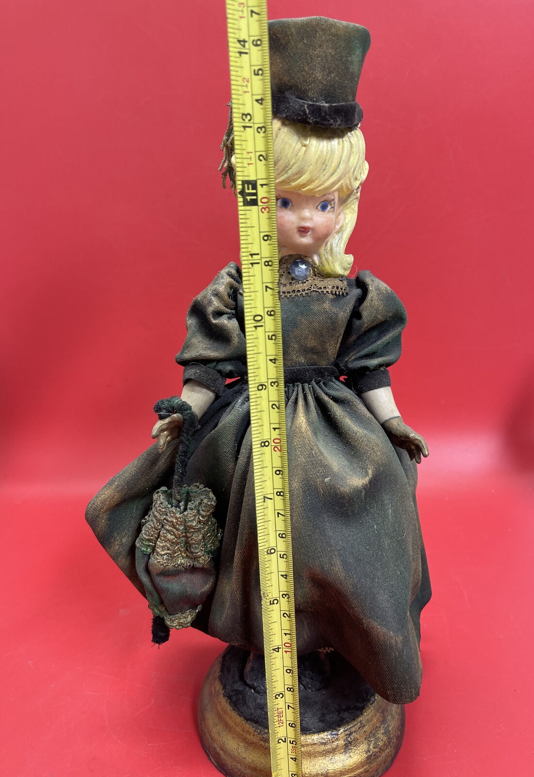 Porcelain Doll Green Velvet Dress & Hat On Stand