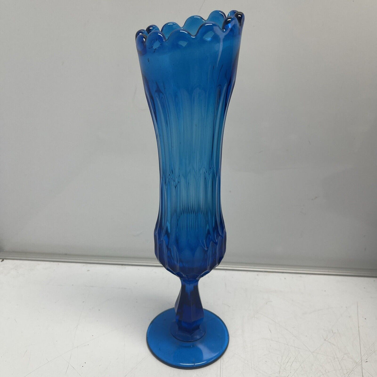 Vintage Royal Blue MCM Pedestal Vase, 11" tall, with ruffled edge