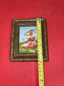 Small framed painting signed by the artist, oil on canvas "Girl picking flowers”