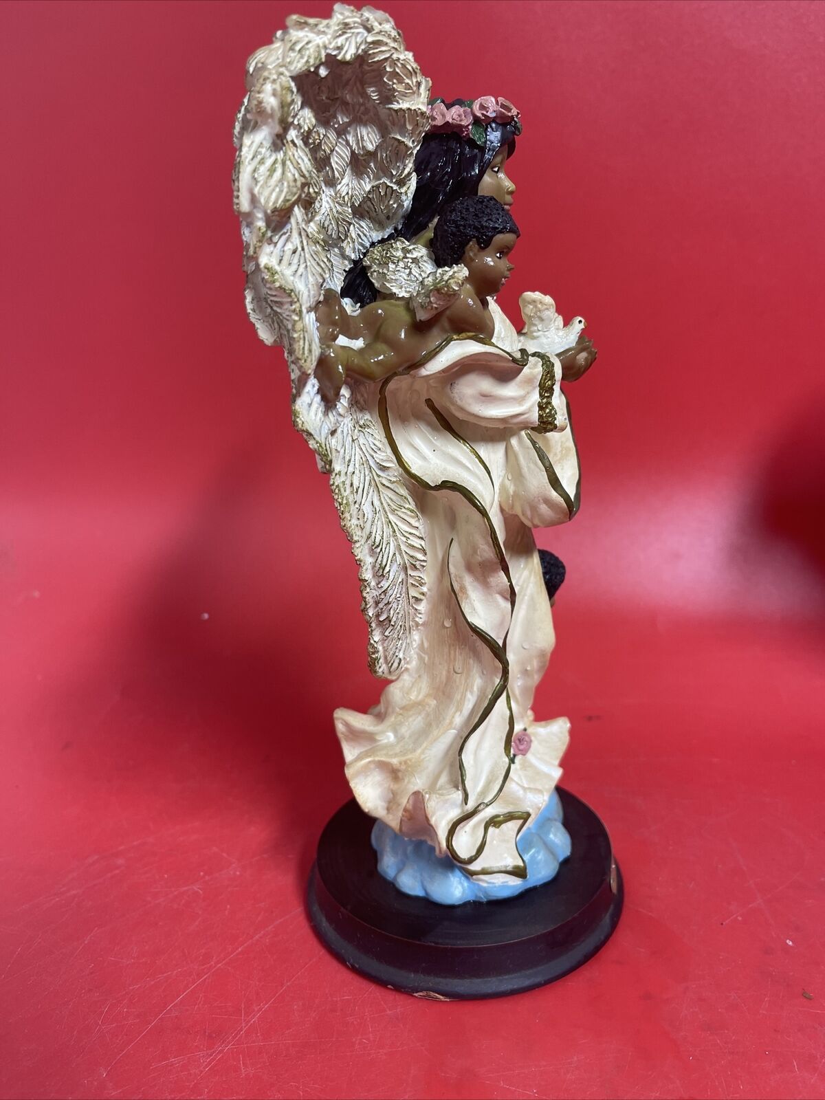 Ebony Treasures  African American  Angel  Holding A Dove  And  2 Cherubs