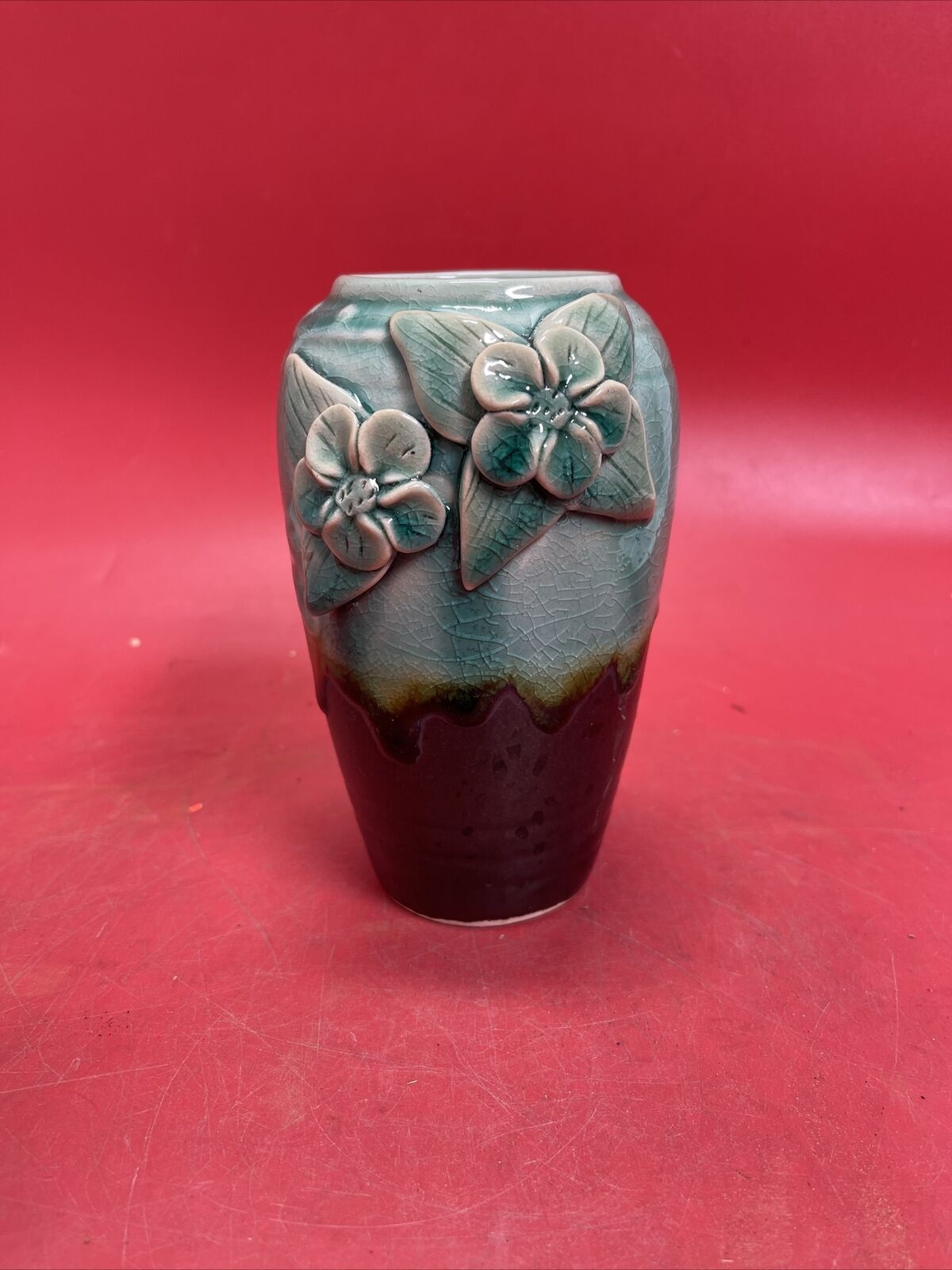 Vintage Handcrafted Ceramic 3 D Vase Aqua/Turquoise And Black W/ Raised Flowers