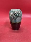 Vintage Handcrafted Ceramic 3 D Vase Aqua/Turquoise And Black W/ Raised Flowers
