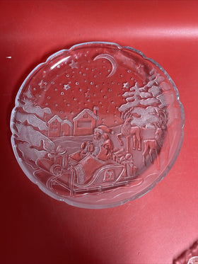 Vintage Crystal Clear Studios Serving Platter Embossed Santa Sleigh Dish 14"