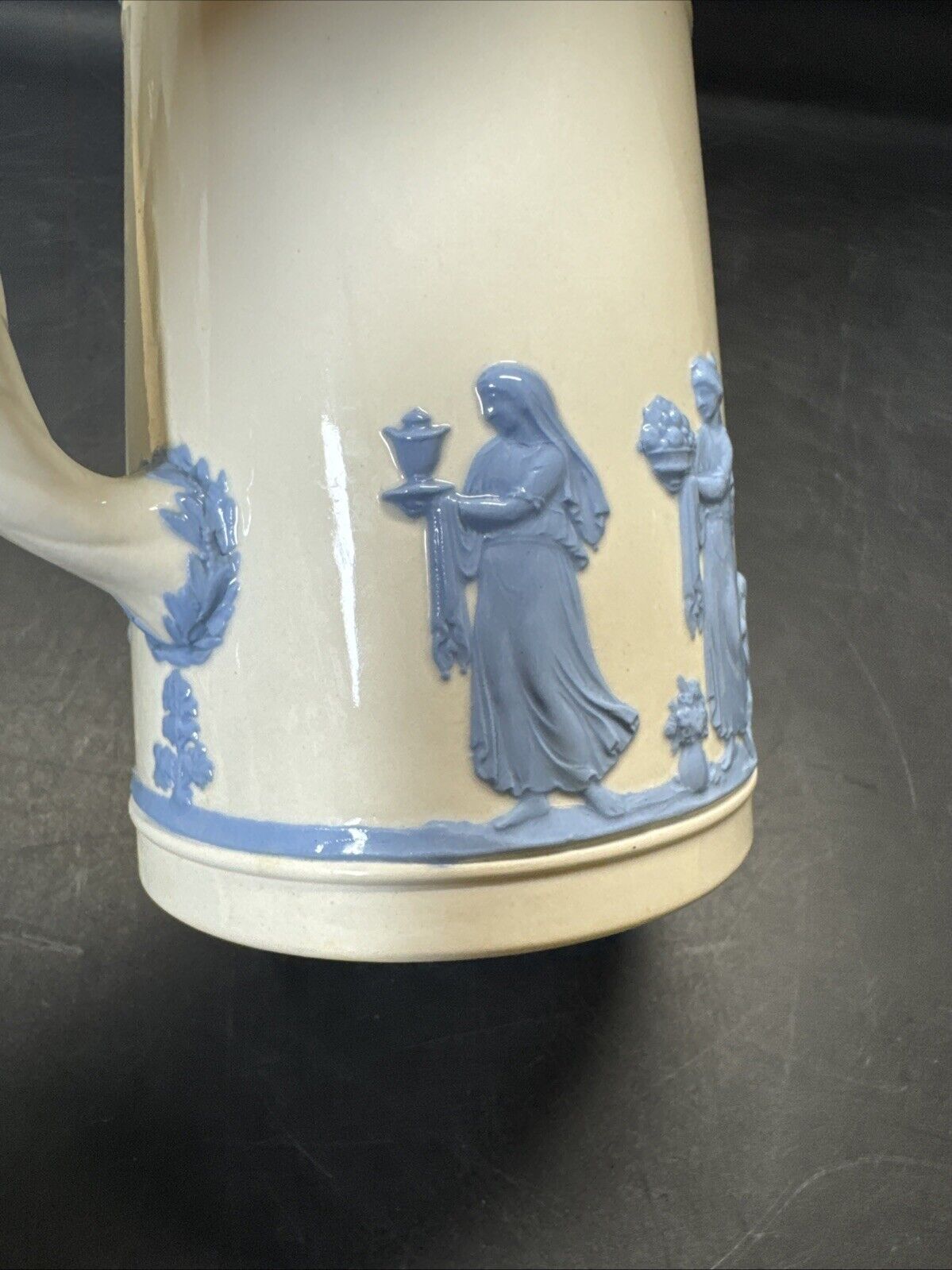 WEDGWOOD Embossed Queen’s Ware BLUE ON CREAM SMALL TROJAN JUG 5.5”