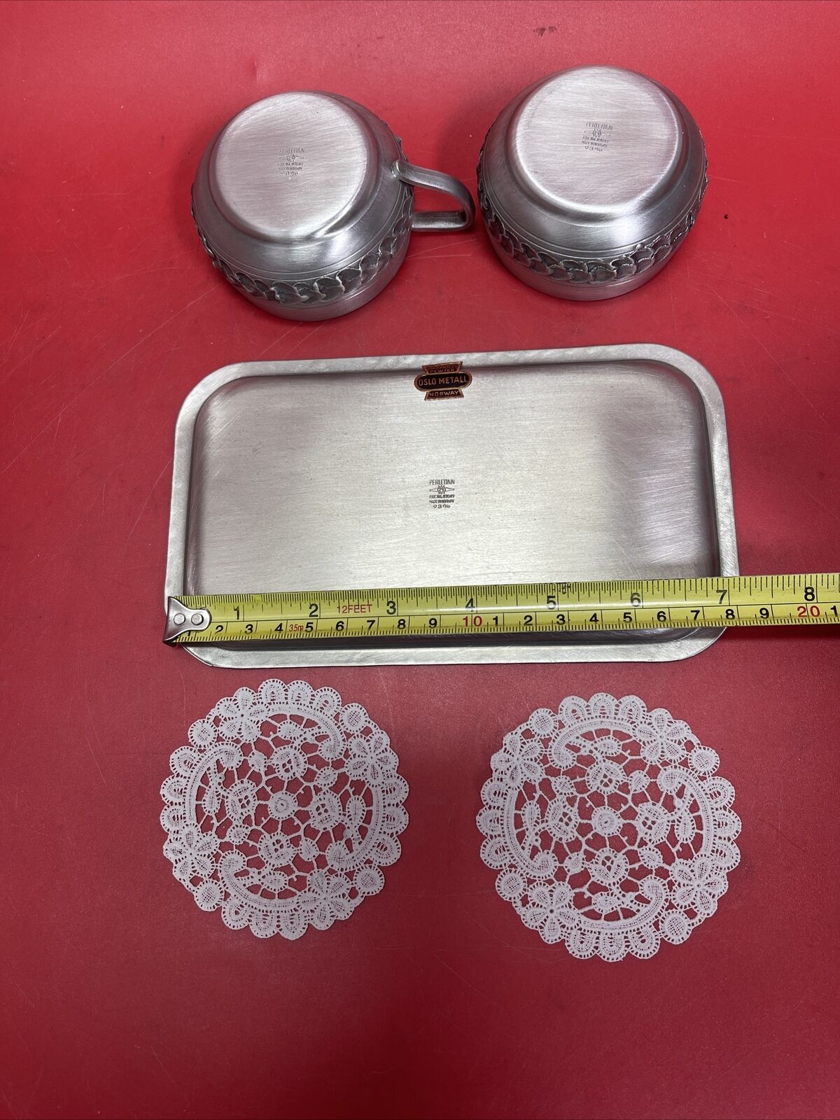 Oslo Pewter textured Cream and Sugar Set w/ Tray.  Perletinn design from Norway.