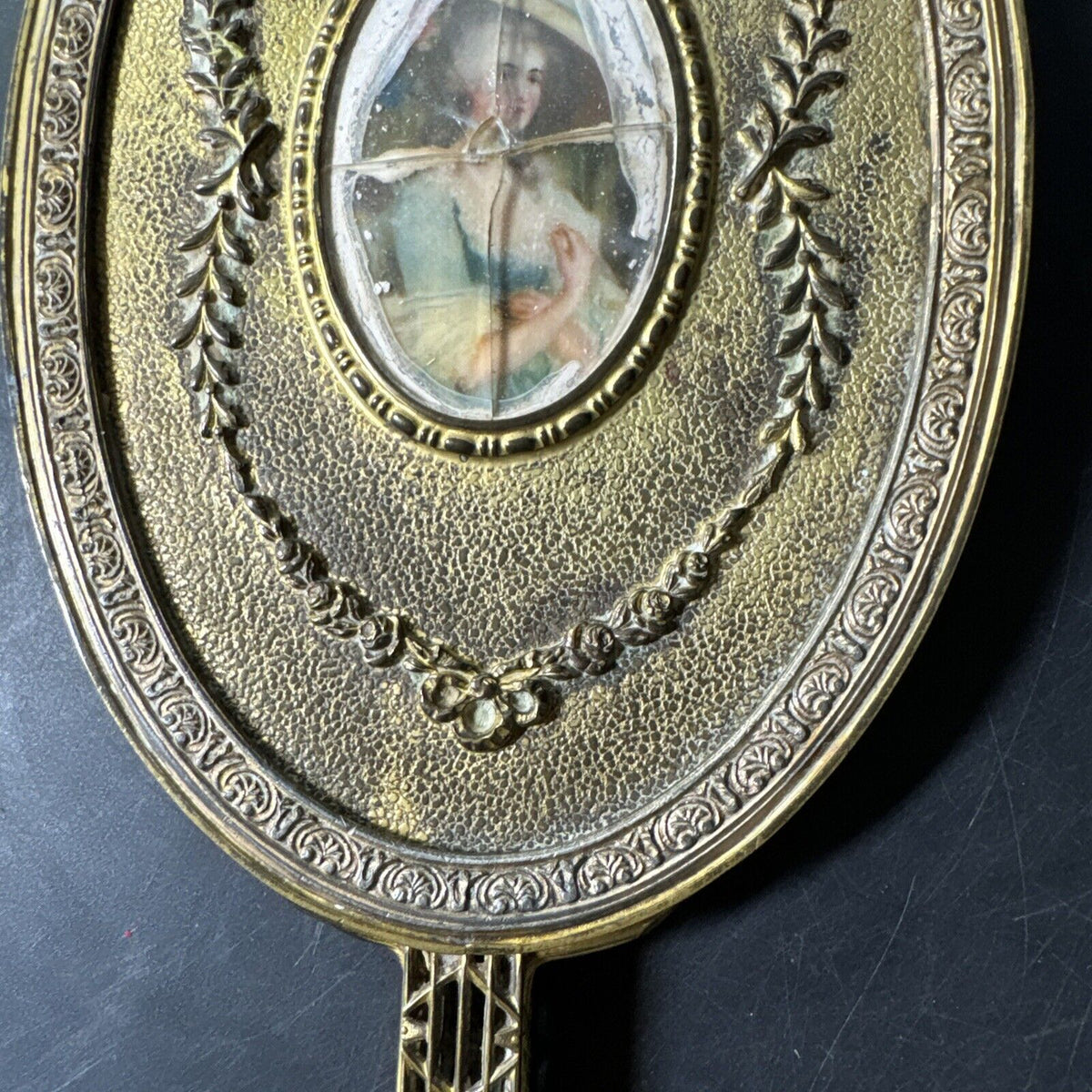 French Hand Mirror With Portrait Vintage Antique 