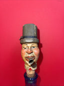 Man with Hat Bottle Spout with Music Box Hand Carved Wood Vintage