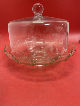 Vintage Scalloped Cake Plate /  Stand and Clear Cloche