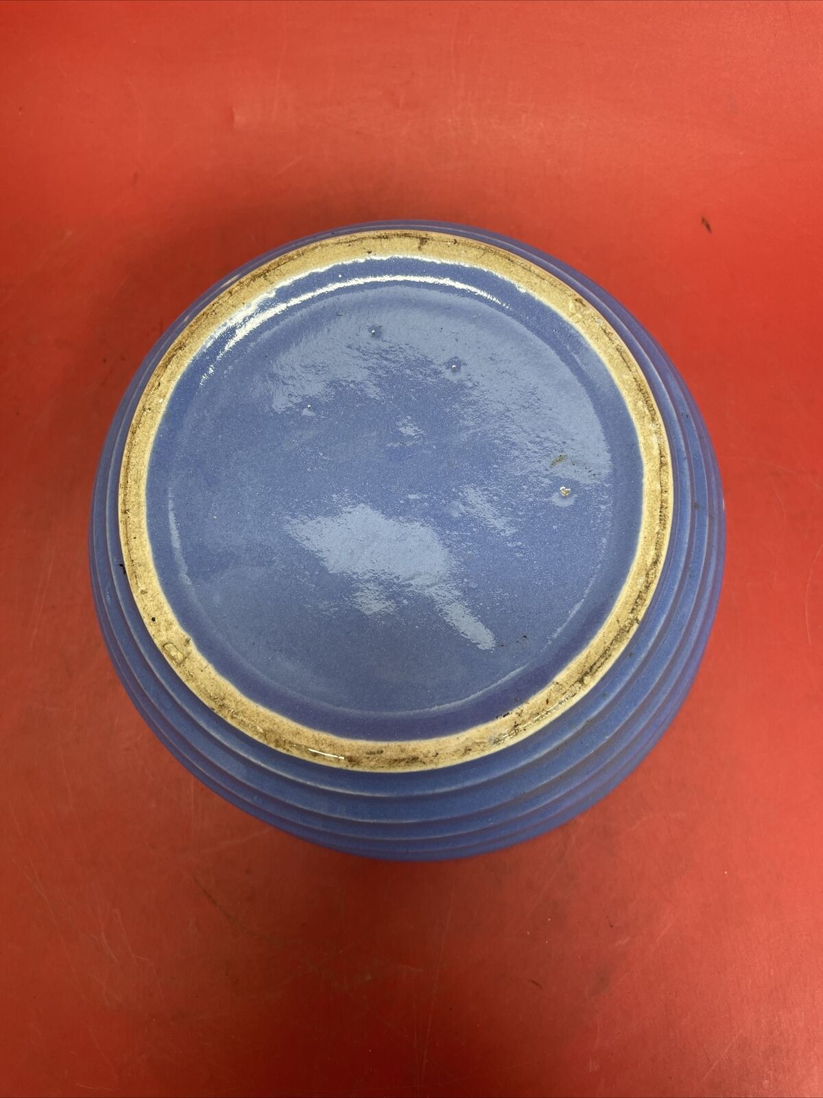 Vintage Blue Glazed Stoneware CASSEROLE + LID Serving Bowl Crock 8" Dia.
