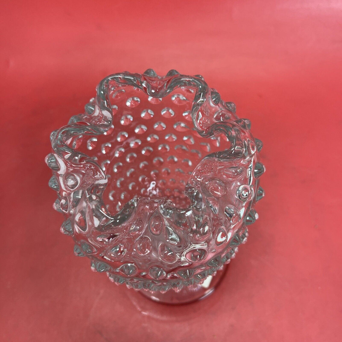 Duncan & Miller Clear Glass Hobnail Crimped Footed Vase Vintage