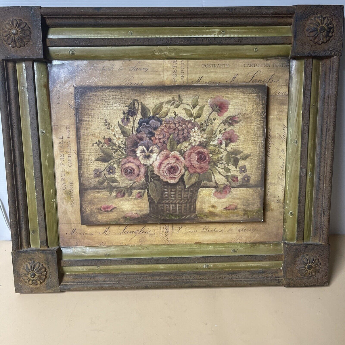 Kimberly Poloson Flowers Basket on Rustic Wooden Background Framed Print Picture