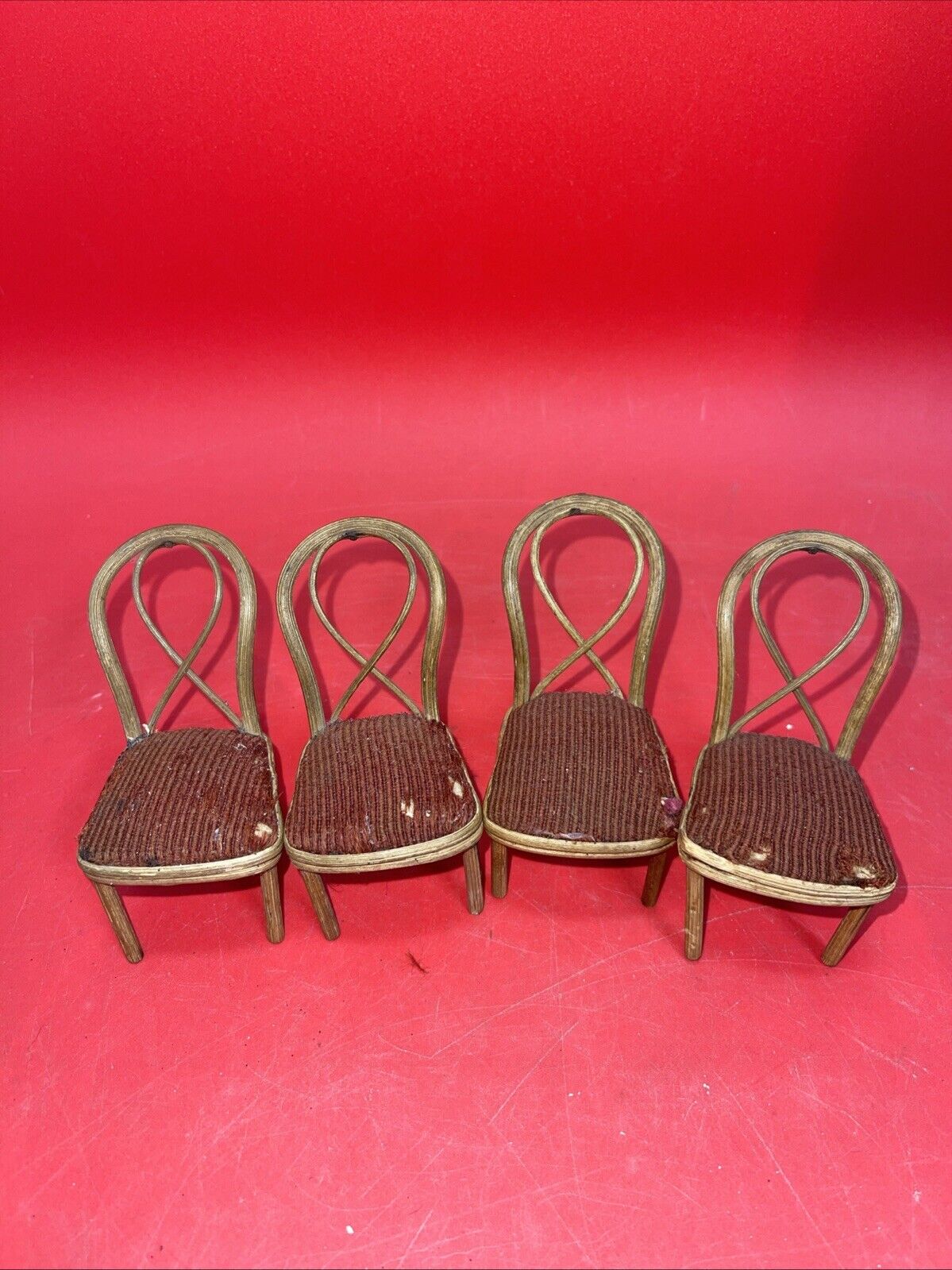 Vintage Rattan Brown Velveteen Doll Furniture Suite