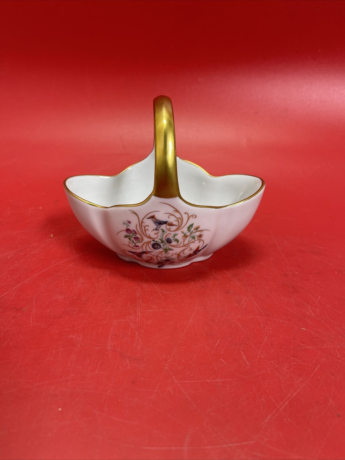 Vintage Limoges Castel France Porcelain Handled Basket Floral Birds Gilt 