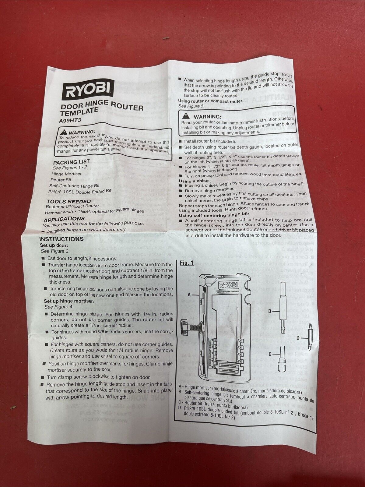 Ryobi A99HT3 Door Hinge Installation Mortiser Template