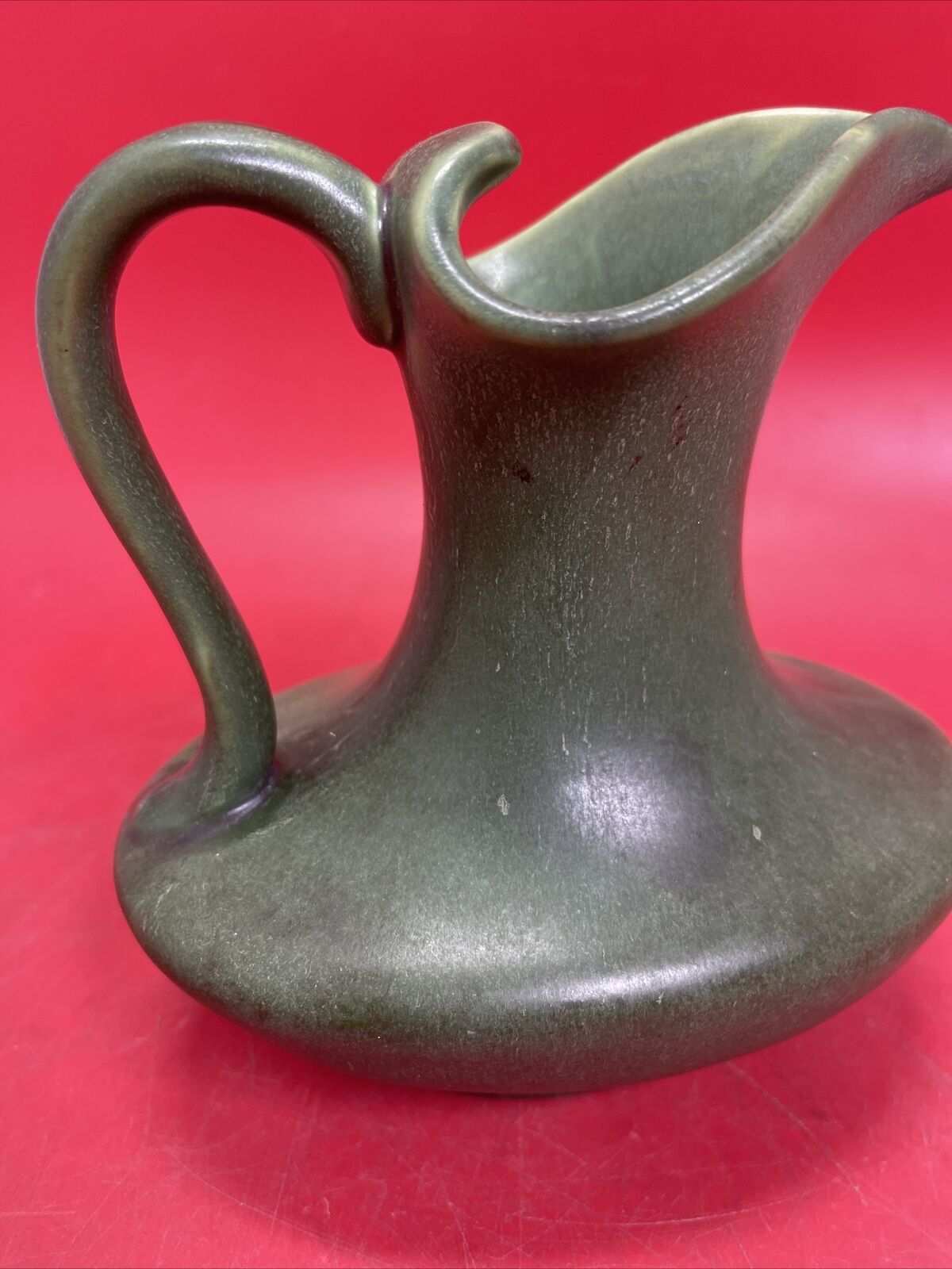 Arts and Crafts Hampshire Matte Green  Pottery Pitcher Vase 6”