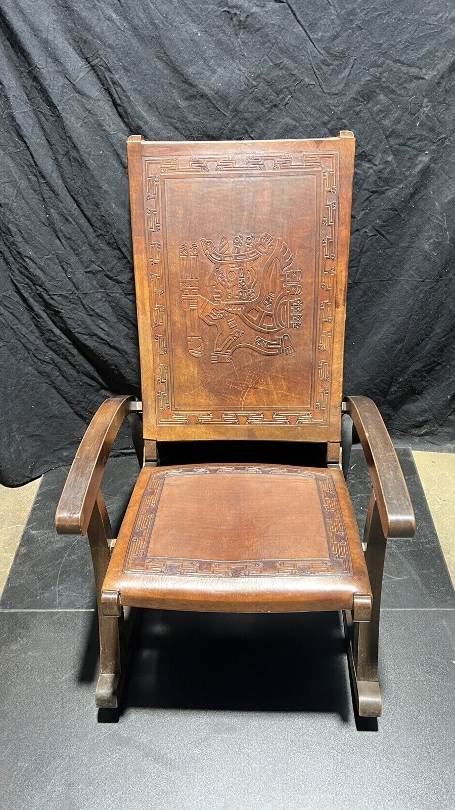 Vintage Rocking chair Peru Aztec Motif Embossed Leather & Wood