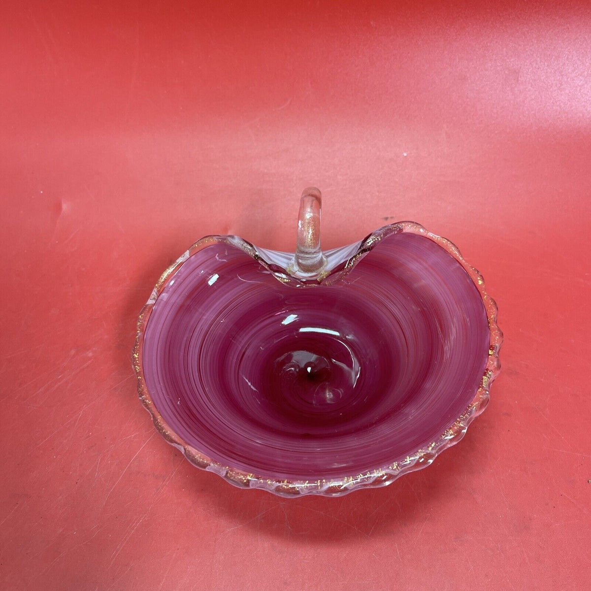 Vintage Italy Hand Blown Pink Swirl Glass Gold Fleck Nappy Dish