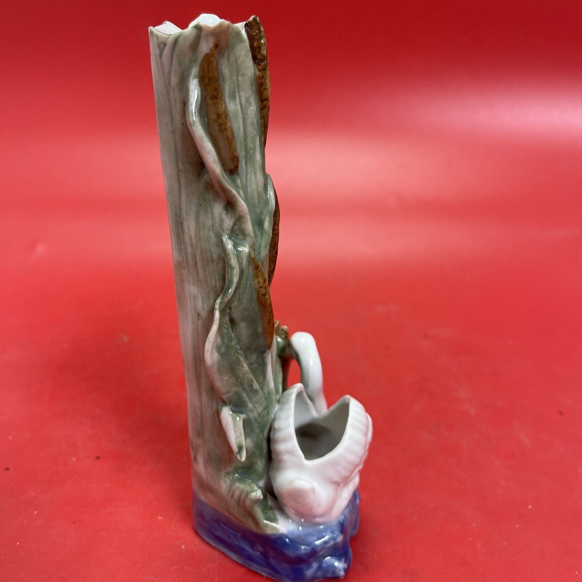 Majolica Swan & Cattails Bud Vase 7” Tall Made in Germany Signed & Numbered