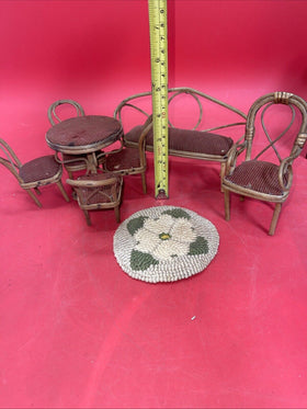 Vintage Rattan Brown Velveteen Doll Furniture Suite