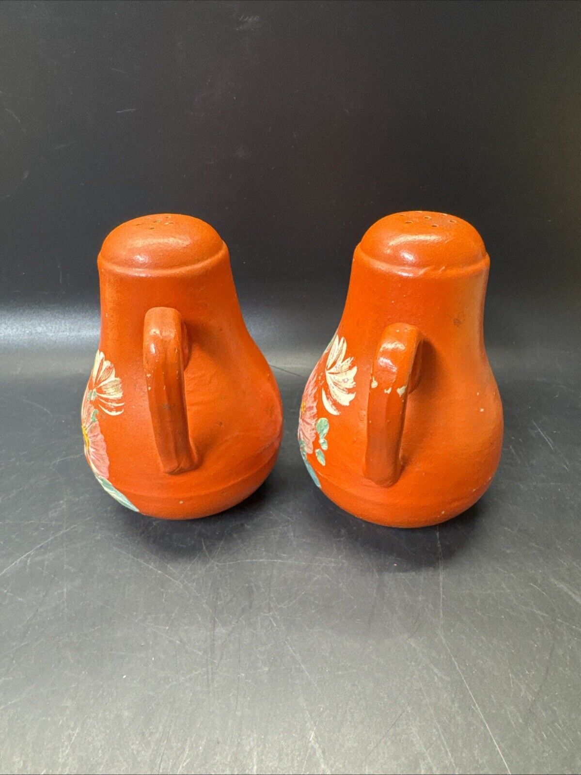 Vintage Pottery Orange Hand Painted Jug SALT & PEPPER Shakers