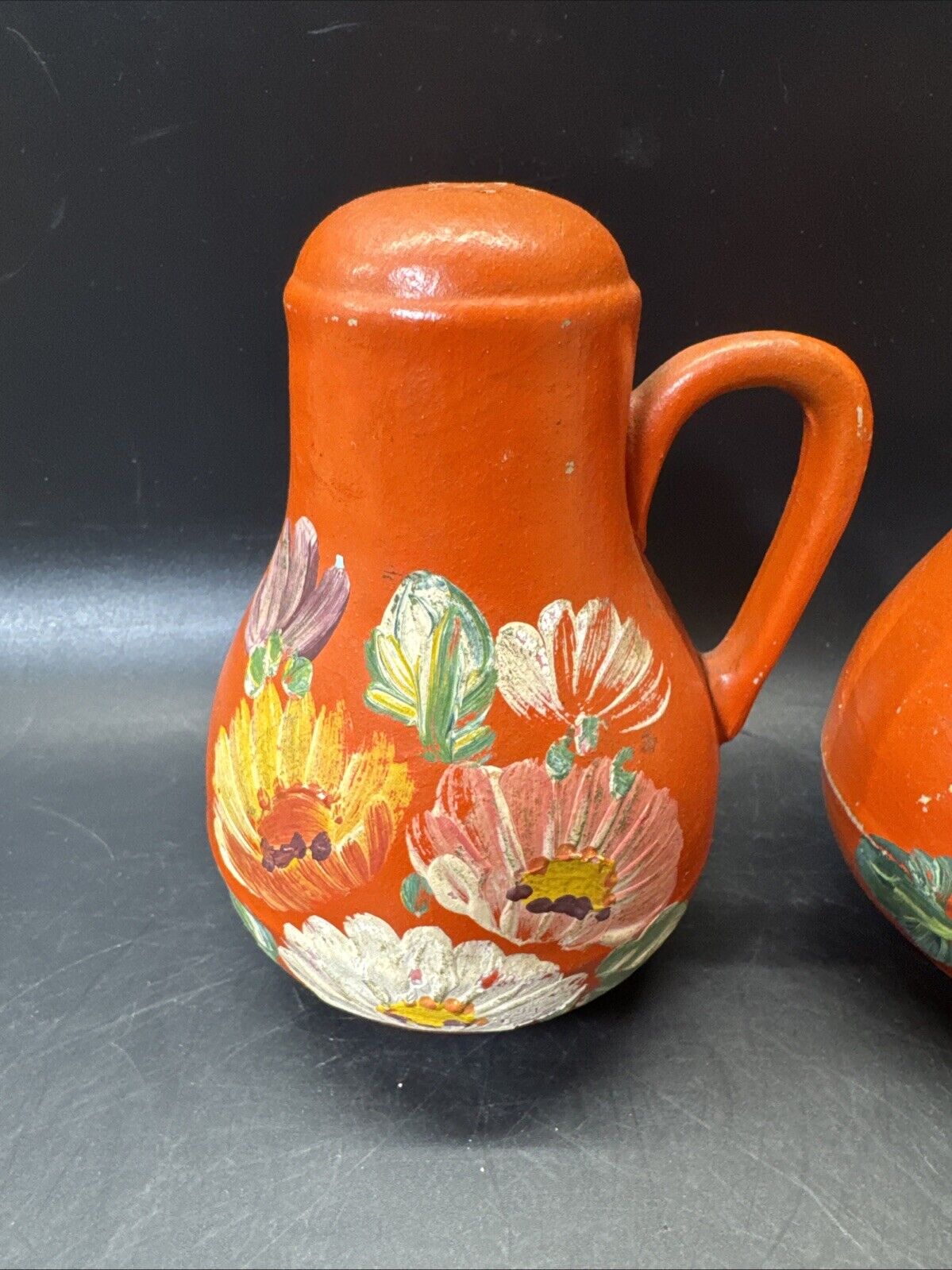 Vintage Pottery Orange Hand Painted Jug SALT & PEPPER Shakers