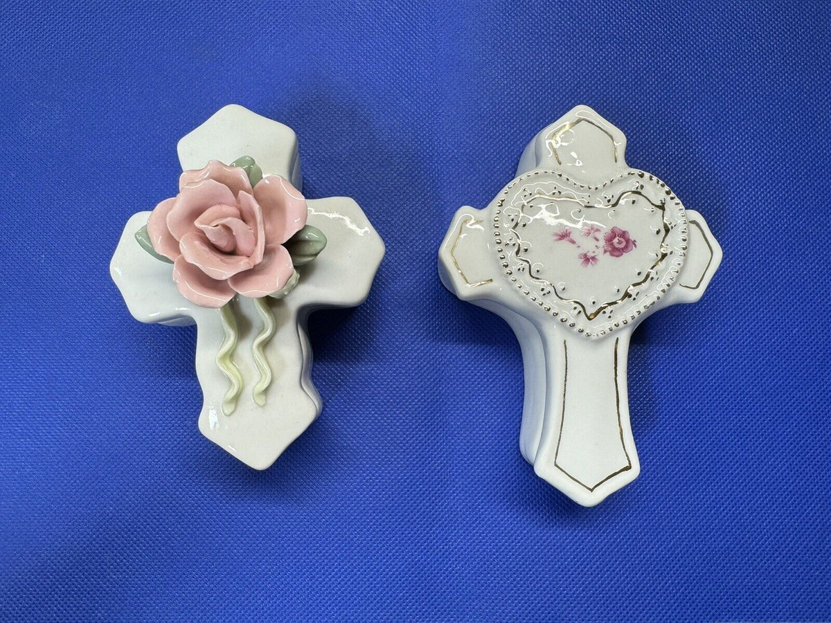 Cross Shape Porcelain Flowers Trinket Box/ Lot Of 2