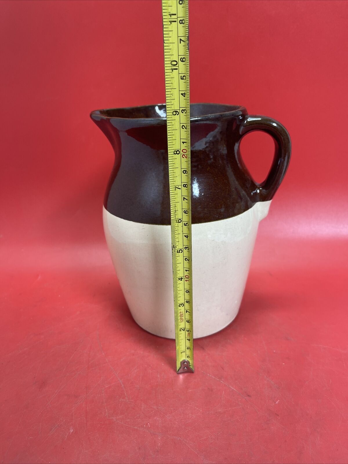 Vintage Stoneware Pitcher Pottery Brown Upper Natural Cream Lower 9”