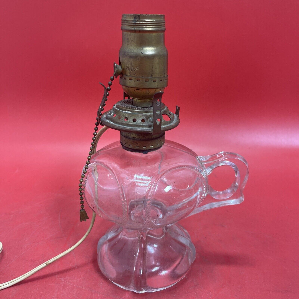 Vintage CLEAR GLASS Pedestal OIL LAMP BASE  ELECTRIFIED