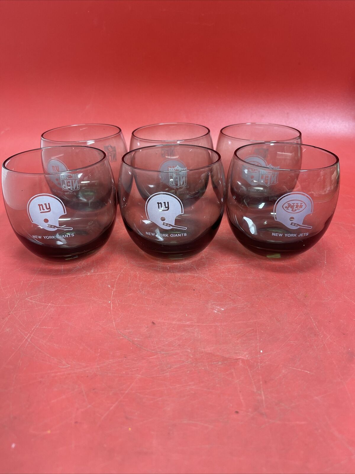 Vintage  NFL New York Giants -Jets Smoked Glass Whiskey Low Ball Glass Lot 4 & 2