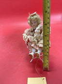 Porcelain Doll in Floral Dress with Curly Hair and Bunny Rabbit 1990s Vintage