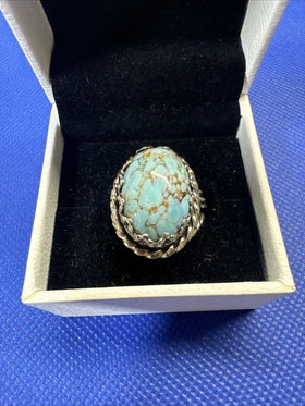 Germany Turquoise Peking Art Glass Ring Twisted Brass Adjustable