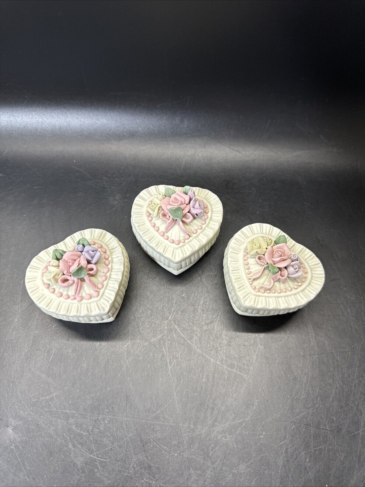 Set Of 3 Floral Trinket Box Flower Design With Lid