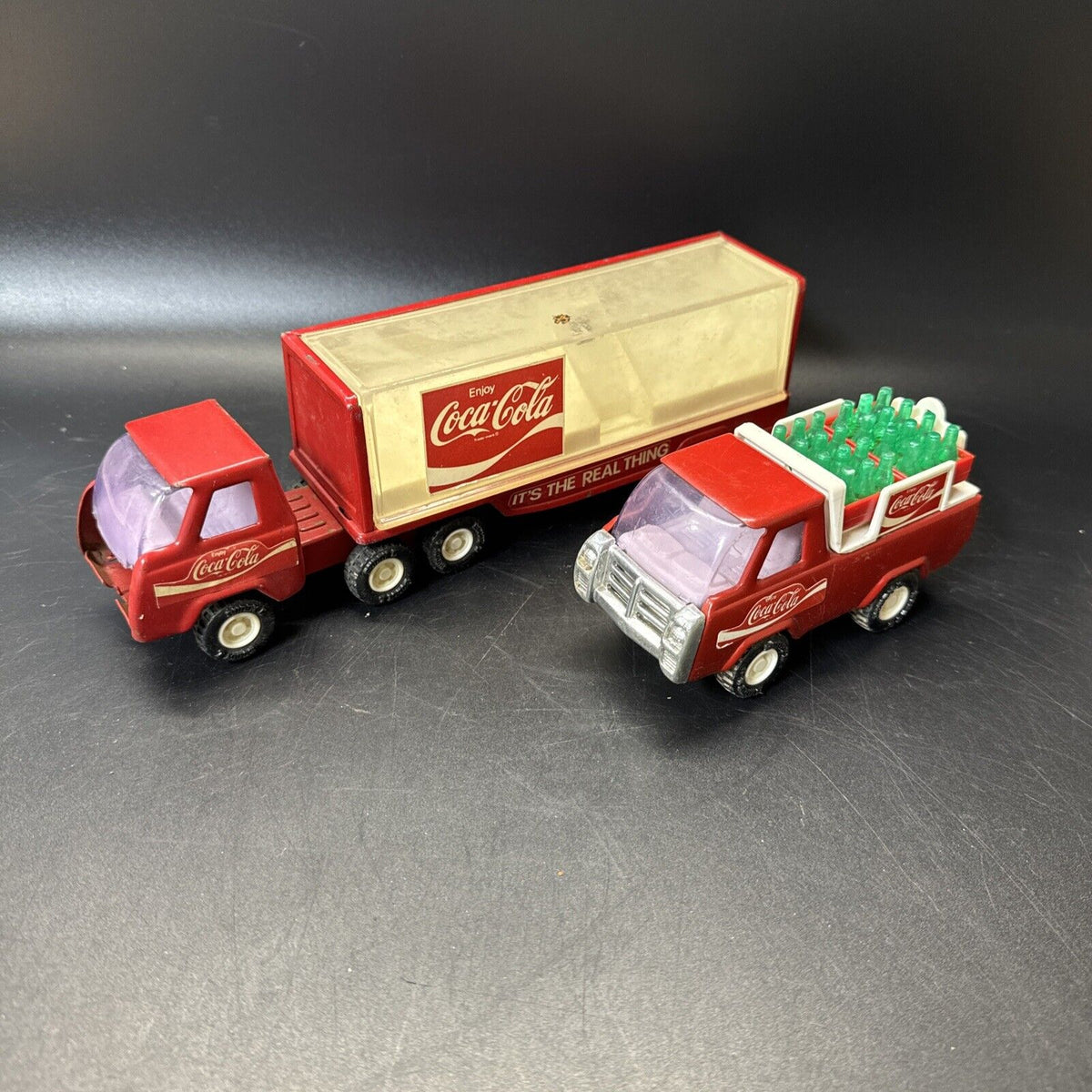 Vintage Buddy L Coca Cola Delivery Trucks,  Tractor Trailer Red Metal Coke Bottl