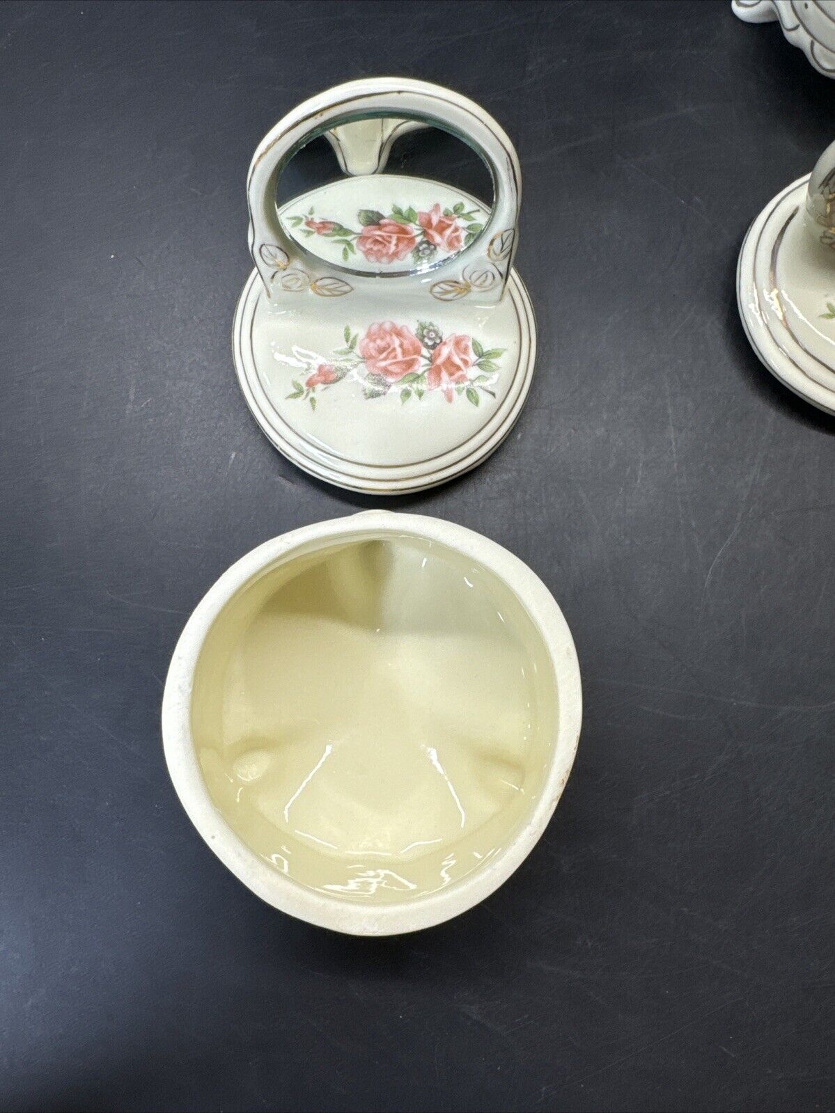 Dresser Jewelry Trinket Vanity Set 2- Mirrors Lidded Footed Floral Porcelain