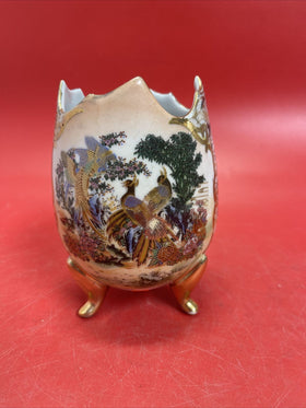 Golden Limoges Egg Geisha Moriage Multicolored 6” Vintage Footed Vase