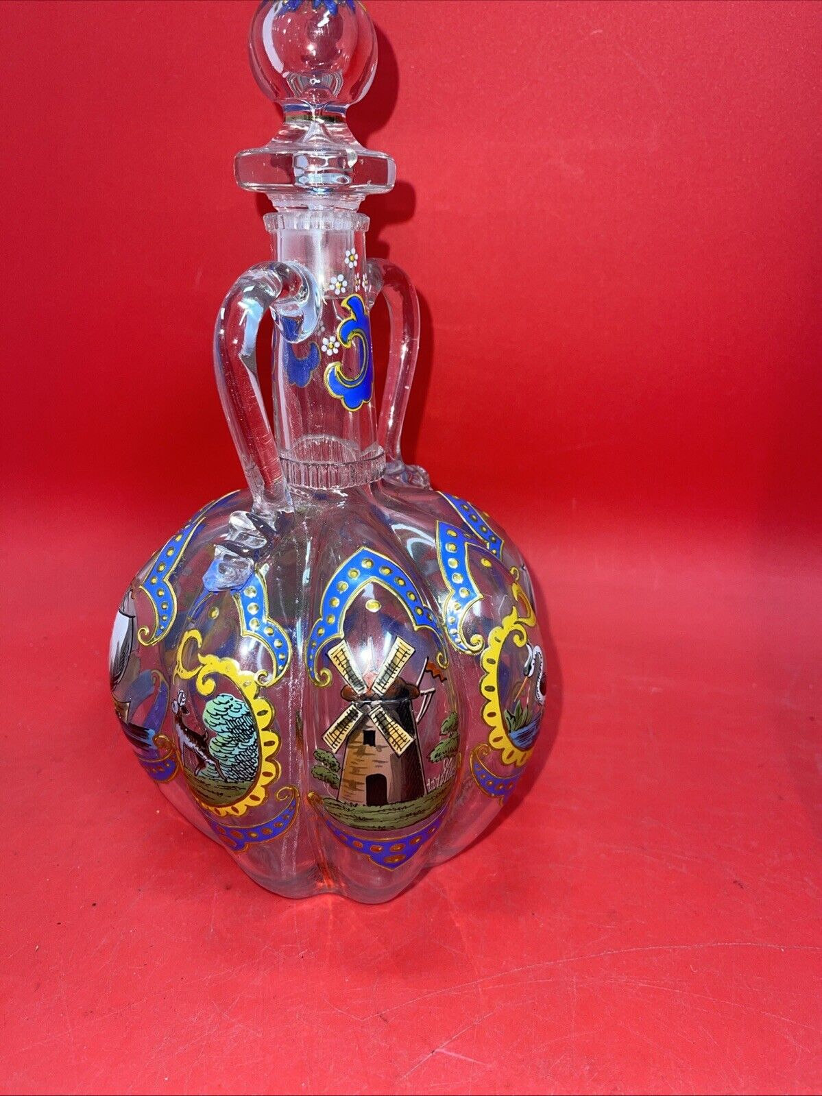 Vintage Italian Dutch Hand Painted Art Glass Decanter With Handles
