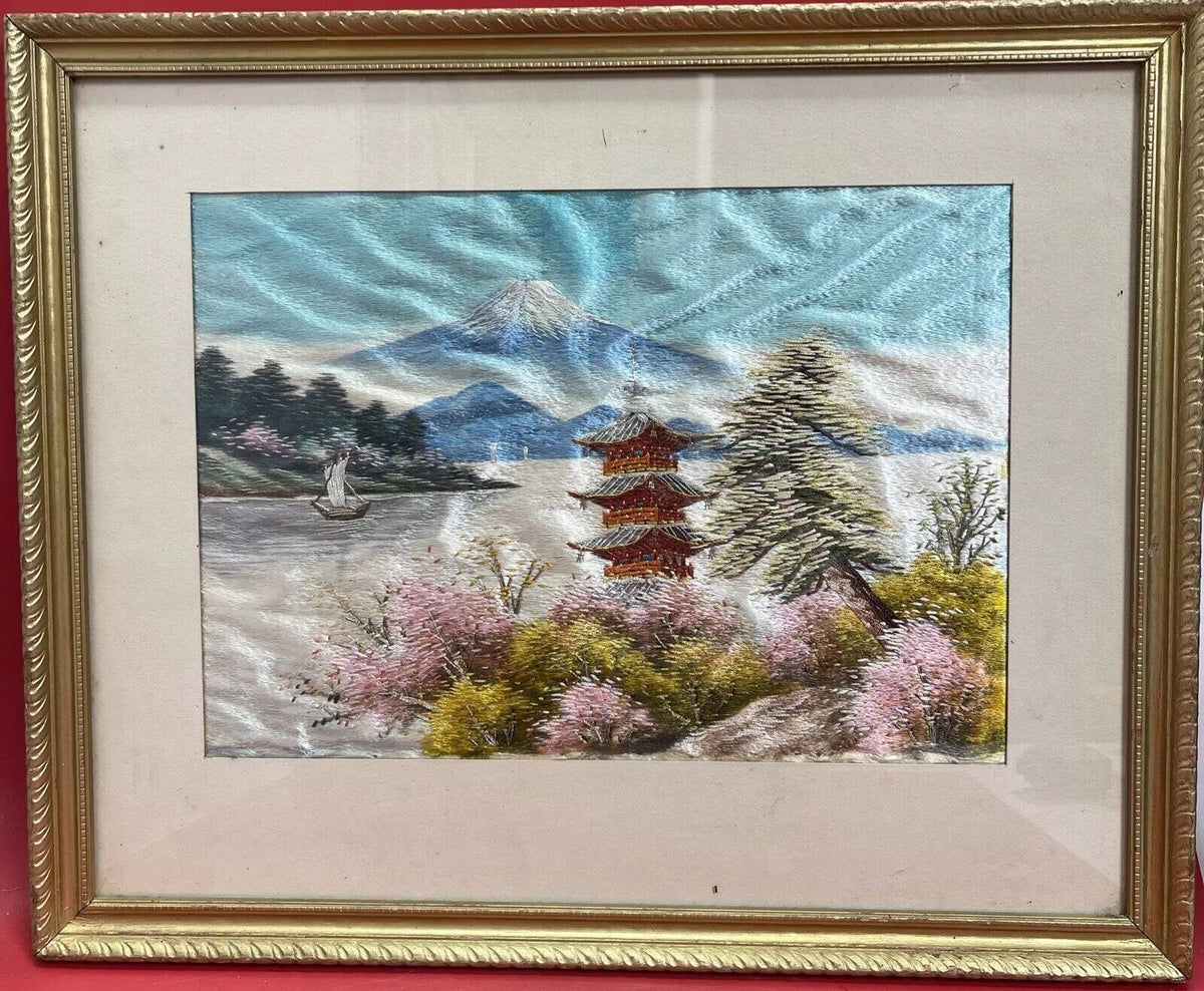 Vintage Silk Embroidered picture Japanese Landscape frame