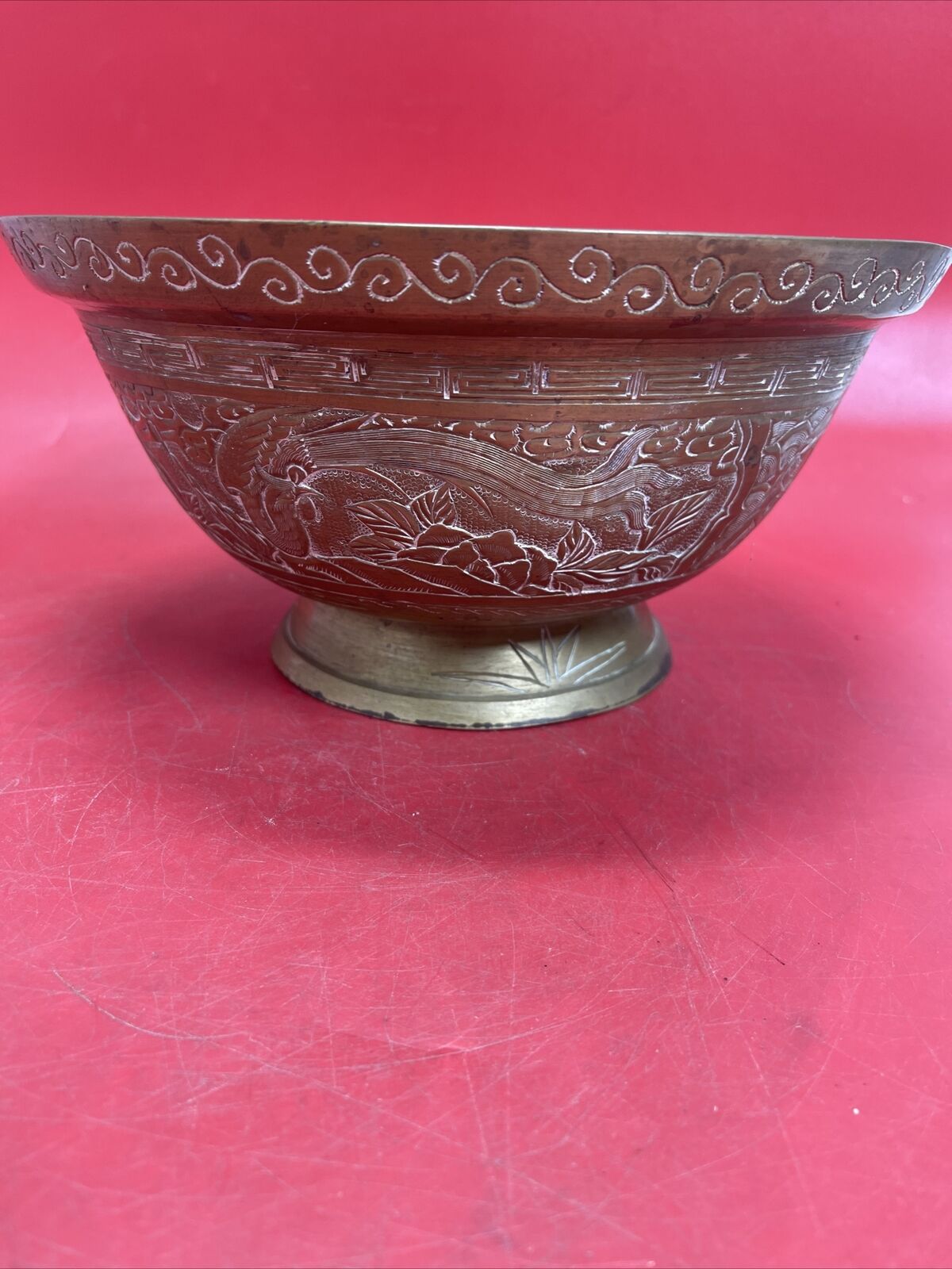 Antique Heavy Chinese Etched Brass Dragon Bowl Character Marks