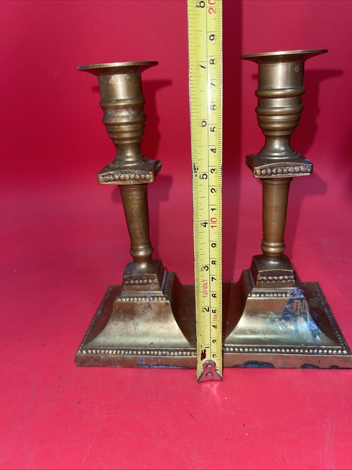 Old Brass Candlestick Holders Pair 7" Weighted Base