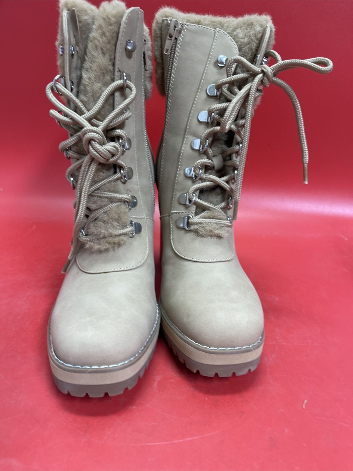 Steve Madden Fur Trimmed Timing High Heel Tan Beige High Heel Boot Bootie S.9.5