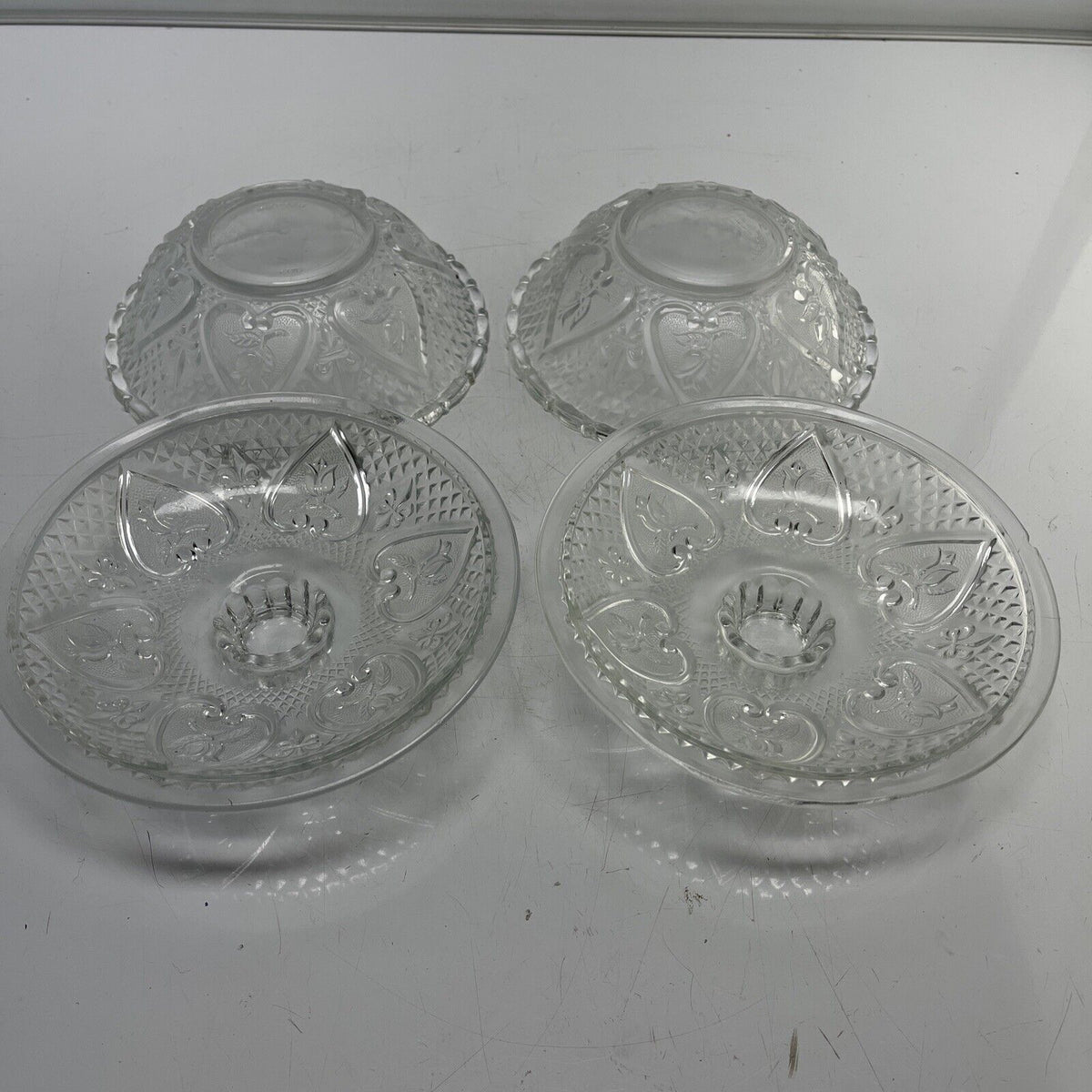 Vintage 1970s KIG Indonesia  LA FLEUR HEART Embossed Glass Candy Dish /set 2