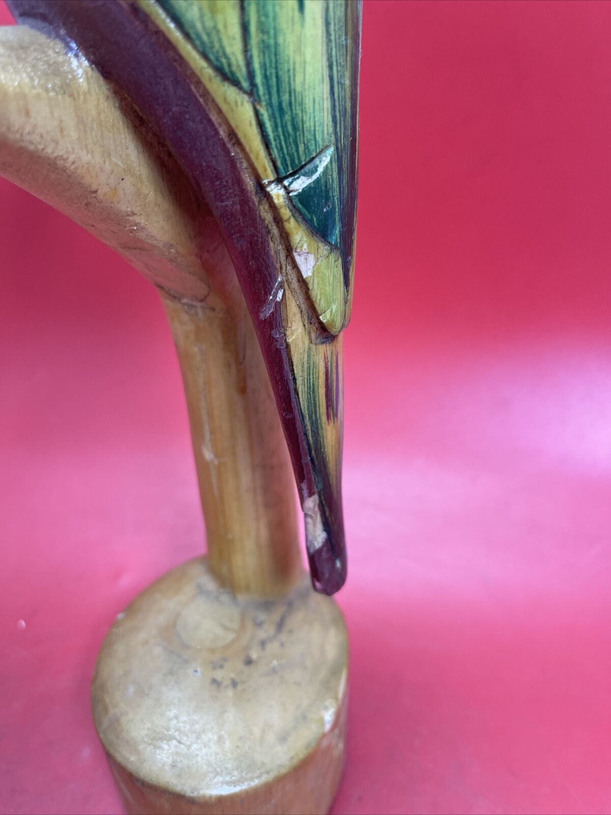 Vintage Wooden Parrot on Perch Hand Carved Painted Tropical Sculpture 16”
