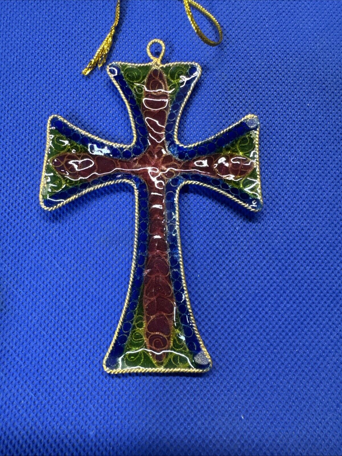 Vintage Plique a jour Cloisonne Wire Cross Pendant