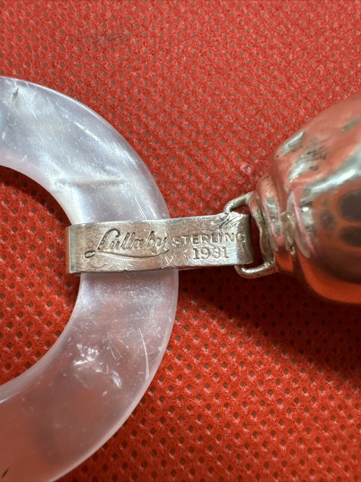 Vintage 1931 Lullaby Sterling Silver Mother of Pearl Teething Rattle Bell